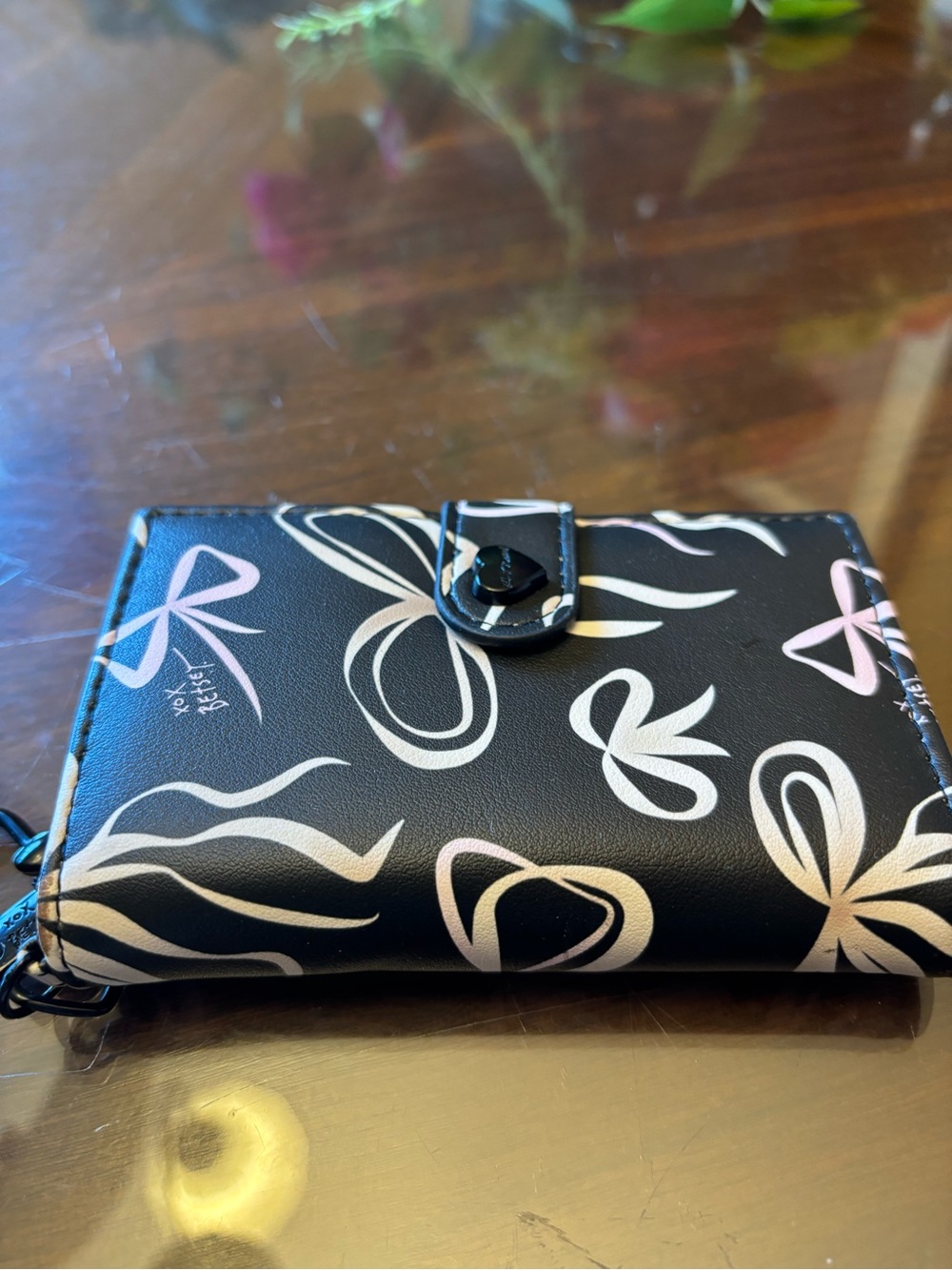 Betsey Johnson Black Wallet with White and Light Pink Bow Print